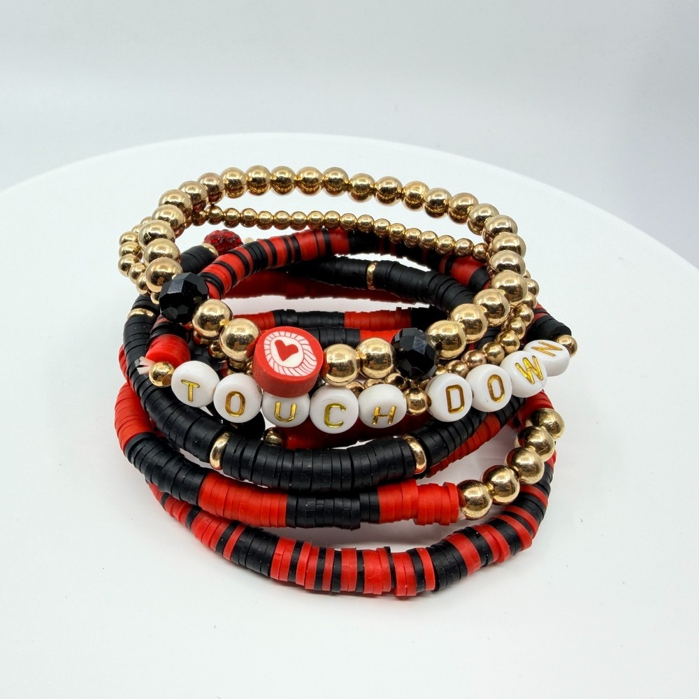 Vintage Game Day Beaded Stretch Bracelets Red Black Stack Set